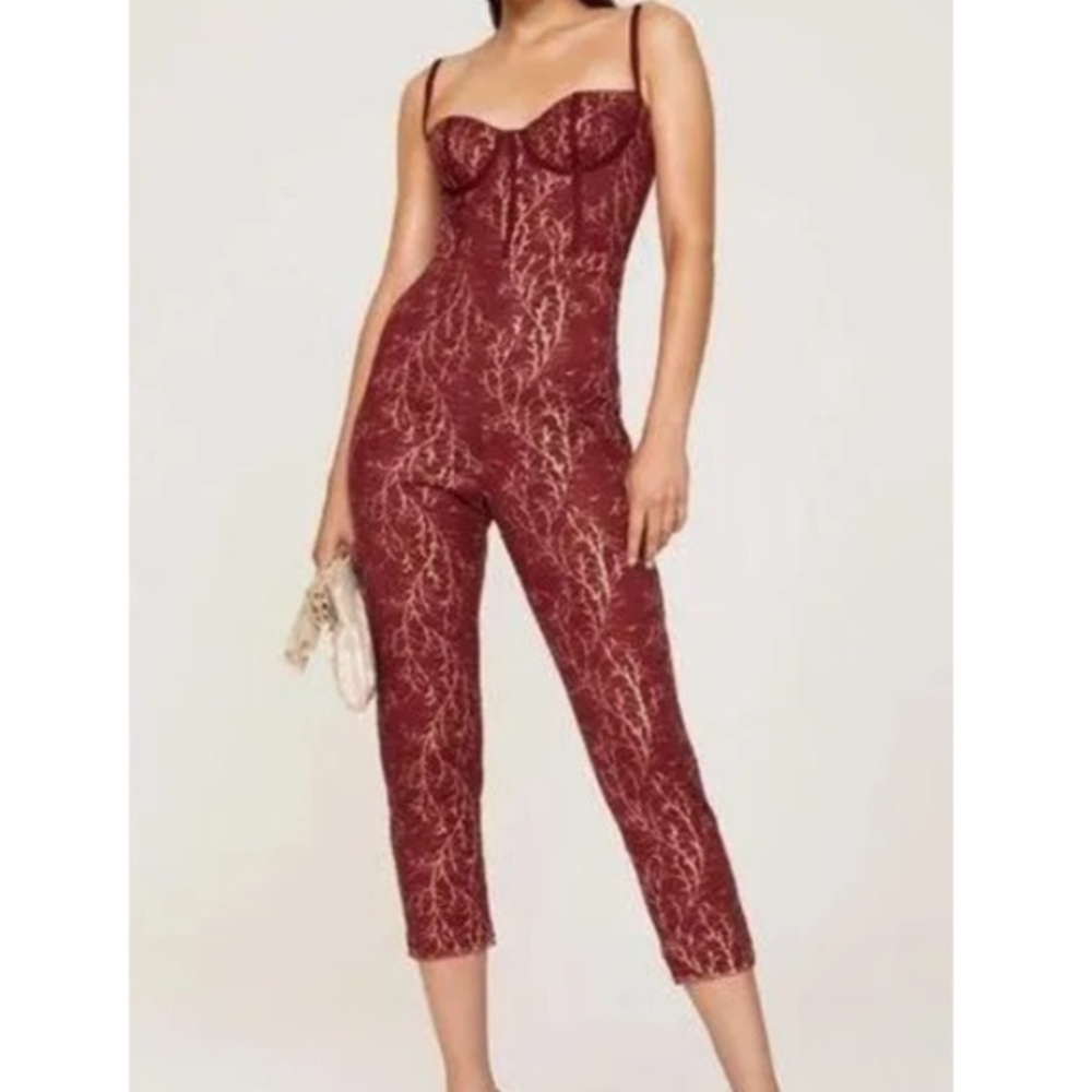 katie may Venus Burgundy and Gold Botanical Lace Corset Cropped Jumpsuit SZ M